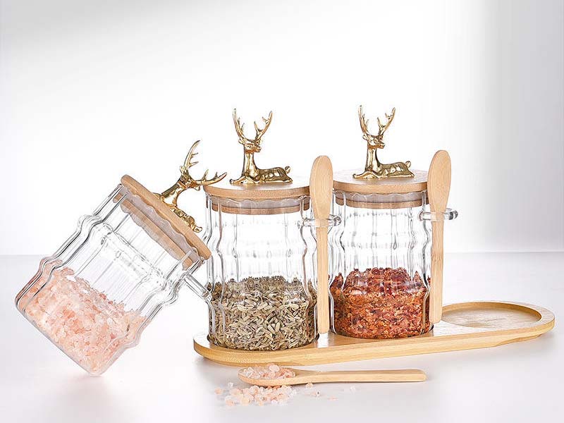 Stripe Glass Food Storage Jar with Elk Decoration Bamboo Lid