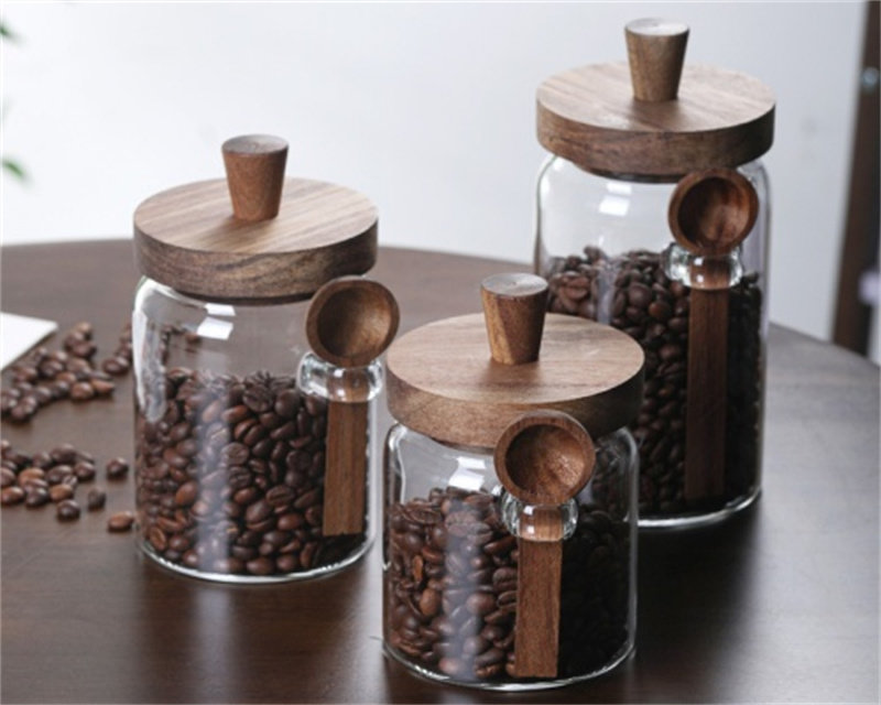 600ml Round Clear Glass Coffee Jars Wood Lid