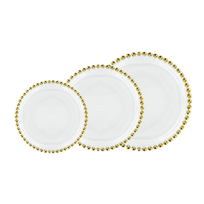 Luxury Round Dessert Glass Plate With Gold Rim