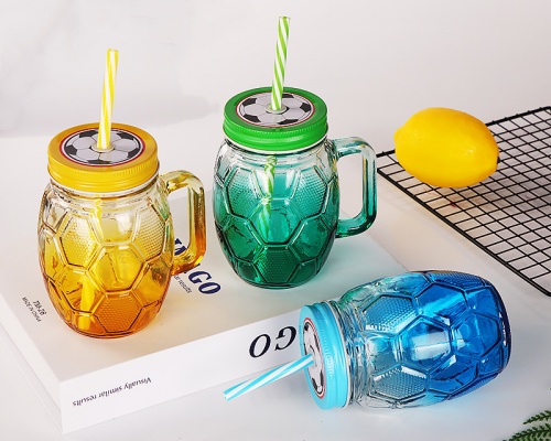 450ml Mason Jars with Handles and Straws Metal Lid