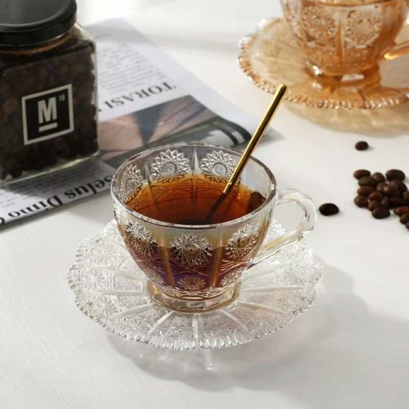 180ml Glass Coffee Mug Saucer Set with Sunflower Design