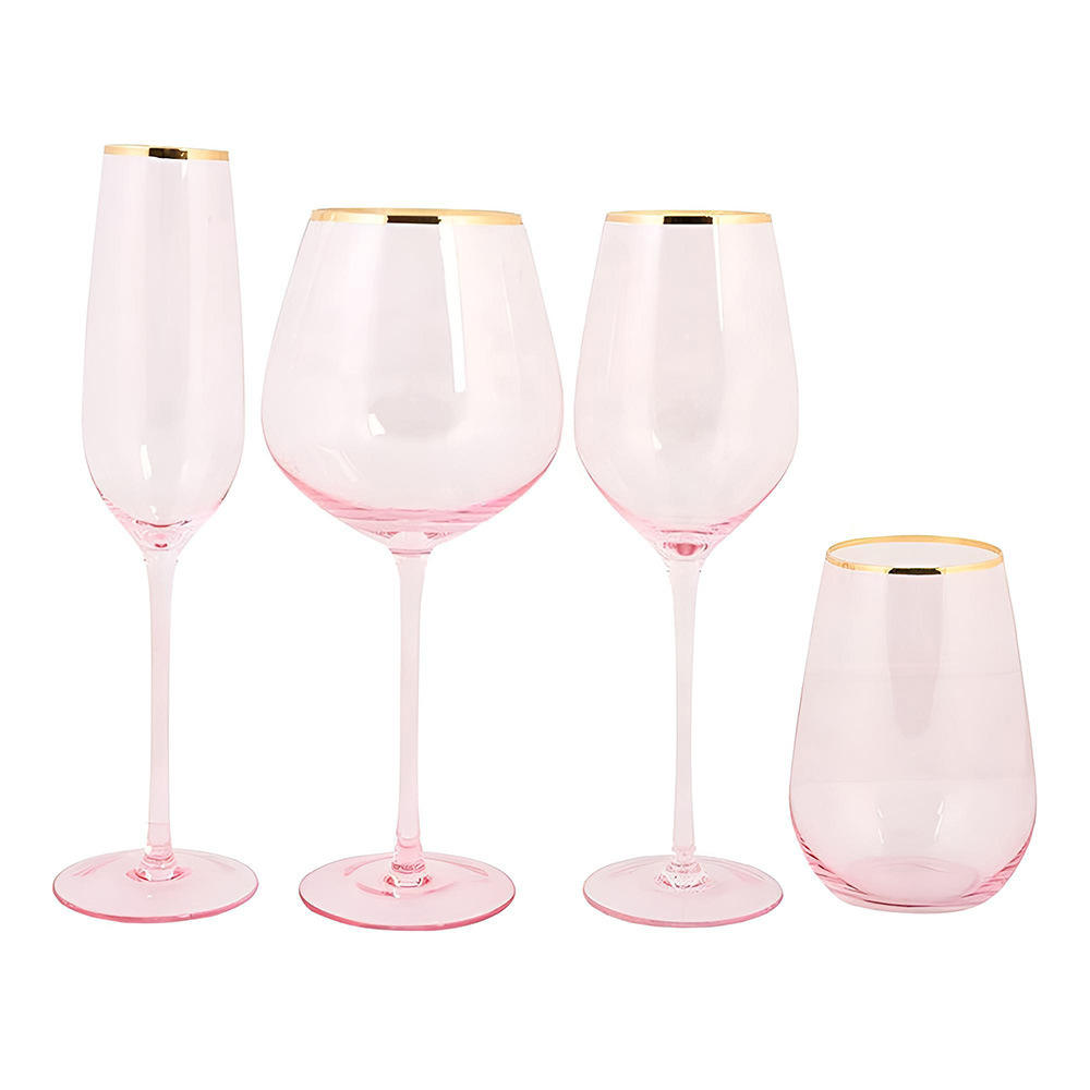 550ml Rose Pink Crystal Wine Glass Goblet Set 4 With Gold Rim