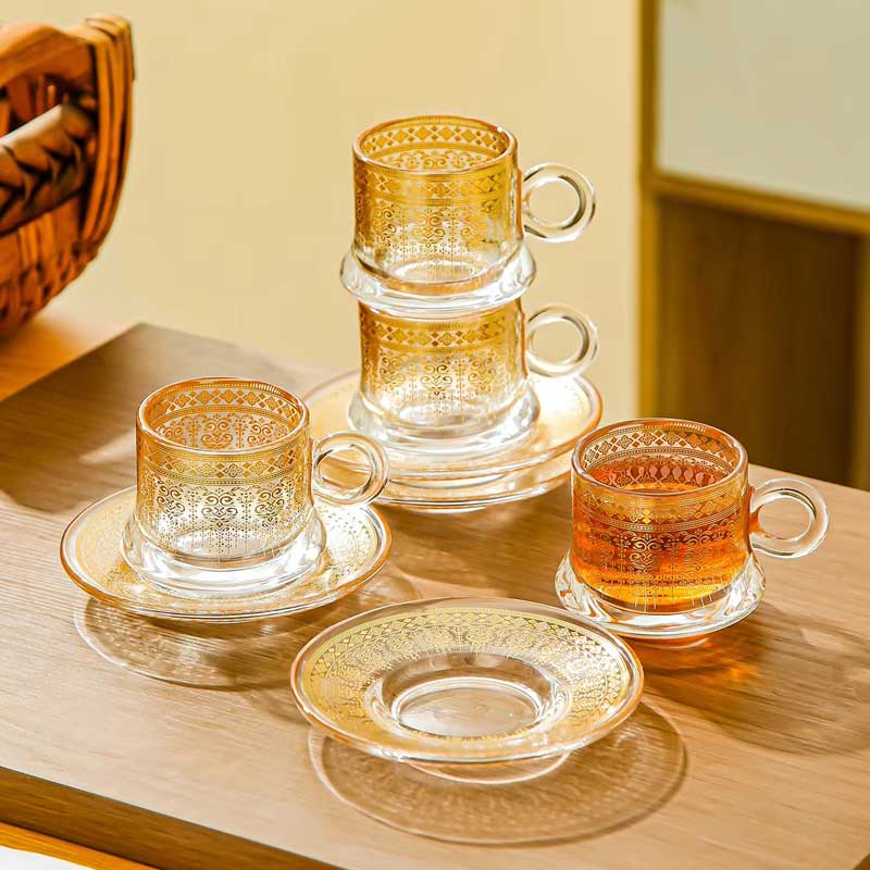 70ml Vintage Floral Glass Tea Cup and Saucers Set of 6