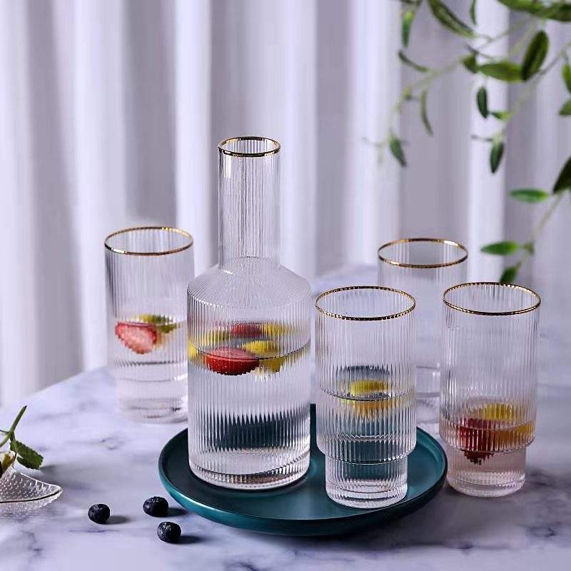 750ml Vertical Leather Sleeve Glass Pitcher With Gold Rim